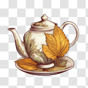 Teapot - Artistic Teapot With Autumn Leaf Designs Transparent PNG
