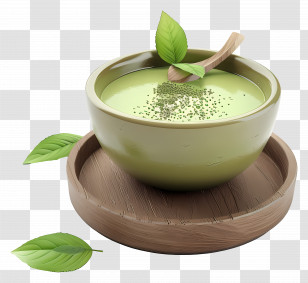 Matcha Green Tea - Green Tea Bowl On Wooden Tray With Leaves Transparent PNG