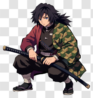 Giyu Tomioka - Black-haired Samurai Crouching With Katana Transparent PNG