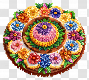 Onam Pookalam - Colorful Floral Mandala With Flowers And Leaves Transparent PNG