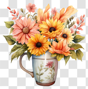 Coffee Flowers - Vintage Cup With Pink And Yellow Flowers Transparent PNG
