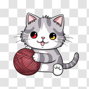 Cat Playing Yarn Ball - Cute Cartoon Gray Kitten Playing With Yarn Transparent PNG