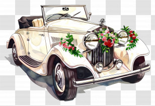 Wedding Car - Vintage White Car With Flowers Transparent PNG