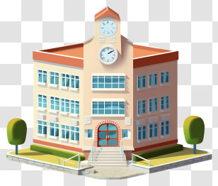 Clock Tower - School Building With Clock On Facade Transparent PNG