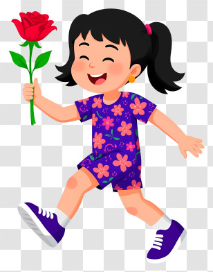 Little Girl Holding Roses - Happy Girl With Rose In Purple Outfit Transparent PNG