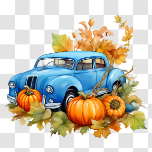 Harvest Truck Carrying Pumpkins - Blue Car With Pumpkins And Leaves Transparent PNG