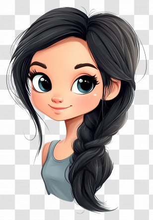Girl Hair - Cartoon Girl With Black Braid And Big Eyes Transparent PNG