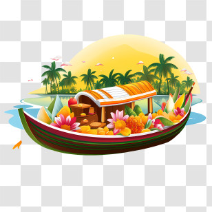 Onam Boat - Houseboat With Fruits And Flowers In Nature Transparent PNG