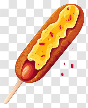 Hot Dog - Single Corn Dog With Yellow Cheese Drizzle Transparent PNG