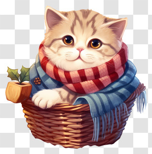 Cute Kitten - Cute Cat In Basket Wearing A Festive Scarf Transparent PNG