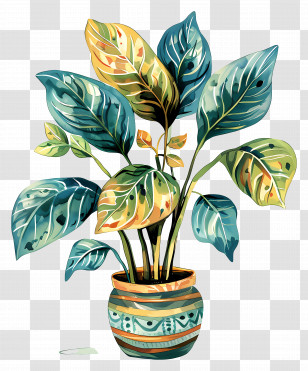 Ornamental Plant - Illustrated Potted Plant With Vibrant Leaves Transparent PNG
