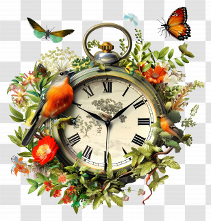 Clock - Vintage Pocket Watch With Birds And Butterflies Transparent PNG