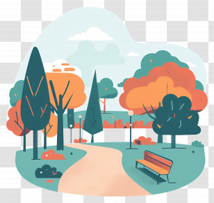 Park - Serene Park Scene With Pathway And Bench Transparent PNG