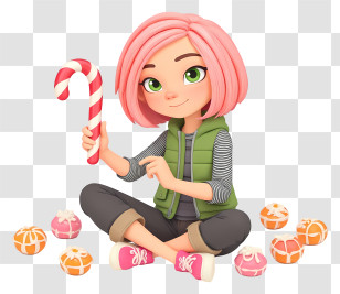 Girl With Candy Cane - Cute Girl With Candy Cane Transparent PNG