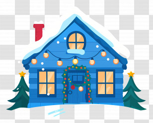 Christmas House - Blue House With Christmas Lights And Decorations Transparent PNG