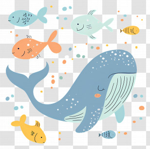 Cartoon Whale And Fish - Cheerful Cartoon Whale And Fish Transparent PNG
