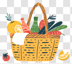 Food Basket - Picnic Basket With Fruits And Bottles Transparent PNG