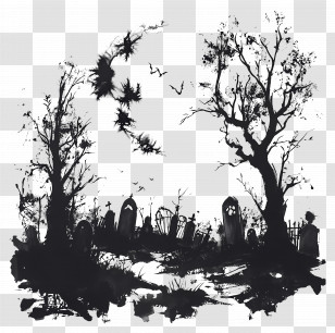 Halloween Graveyard - Spooky Graveyard Silhouette With Trees And Bats Transparent PNG
