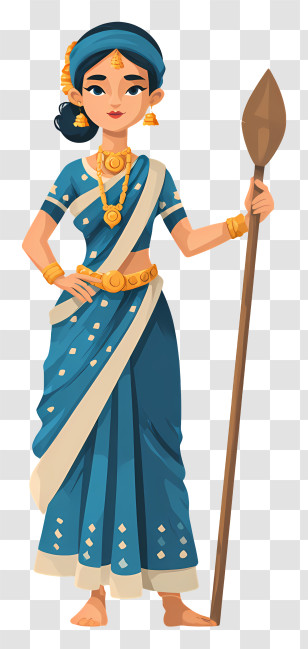 Woman In Traditional Blue Saree - Elegant Woman In Blue Sari With Spear Transparent PNG