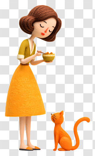 Woman Feeding Cat Food - Woman In Yellow Feeding Her Cat Transparent PNG