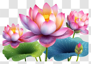 Multicolored Paints Lotus Flower - Lotus Flowers With Vibrant Green Leaves Transparent PNG