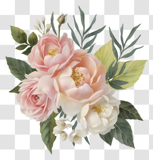 Pink Peonies - Pink Rose Bouquet Illustration With Green Leaves Transparent PNG