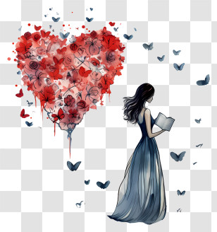 Woman - Girl Reading With Heart And Butterflies Transparent PNG