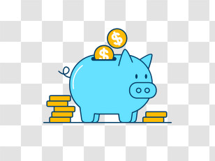 Cartoon Pig - Blue Piggy Bank With Coins Transparent PNG