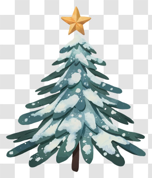 Cartoon - Snow Covered Christmas Tree With Star Transparent PNG