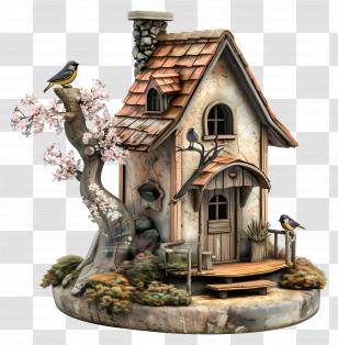 3d Bird House - Miniature House With Birds And Tree Transparent PNG