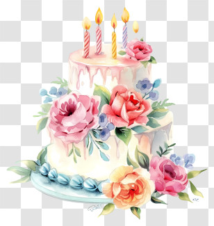 Watercolor Birthday Cake And Flowers - Floral Decorated Birthday Cake Transparent PNG