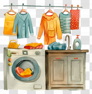 Laundry - Cozy Laundry Room Scene With Clothes And Washing Machine Transparent PNG
