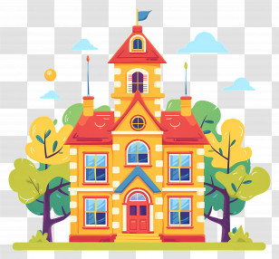 School - Cartoon-Style Building With Bright Colors Transparent PNG