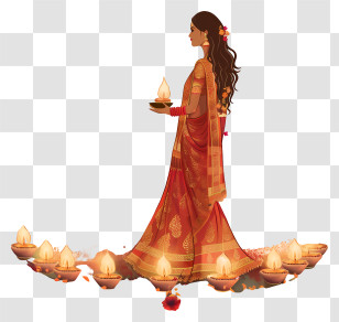 Karwa Chauth - Traditional Woman With Lamps Transparent PNG