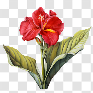 Canna Indica - Red Hibiscus Flower With Leaves Transparent PNG