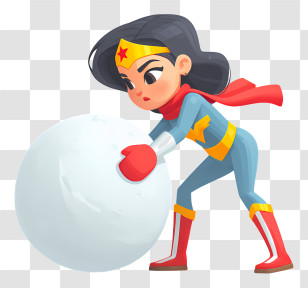 Wonder Woman Pushing Snowball - Cartoon Superhero Rolling Snowball Transparent PNG