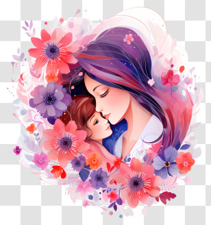 Mothers Day - Beautiful Mother And Child Illustration With Flowers Transparent PNG