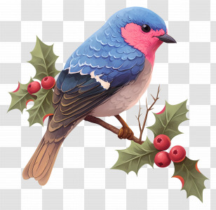 Winter Bird - Beautiful Blue And Pink Bird With Holly Berries Transparent PNG