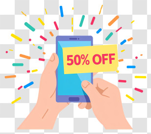 Hand Holding Phone Shopping - Mobile 50% Off Promotion Transparent PNG