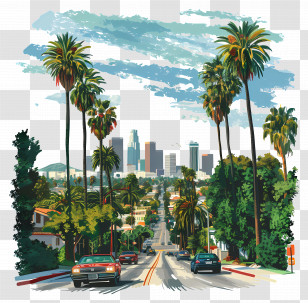 Los Angeles - Urban Cityscape With Palm Trees And Cars Transparent PNG