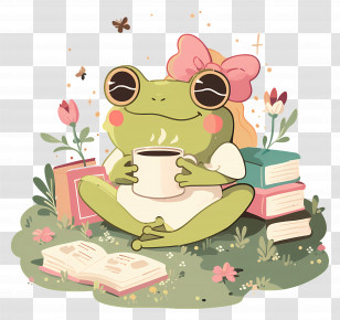Cute Frog - Relaxing Frog With Coffee And Books Transparent PNG