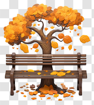 Wooden Park Bench - Autumn Tree And Bench Illustration With Falling Leaves Transparent PNG