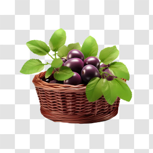Plum - Basket With Fresh Purple Plums And Green Leaves Transparent PNG