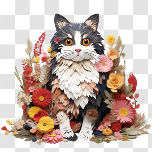 Floral Cat - Layered Floral Cat Illustration Transparent PNG