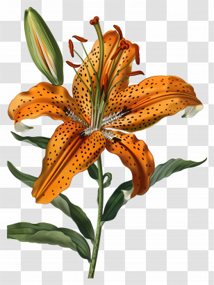 Vintage Flowers - Orange Tiger Lily Botanical Illustration Transparent PNG