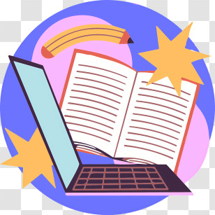Cartoon - Laptop And Book With Pencil And Stars Transparent PNG