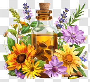 Essential Oil - Essential Oil Bottle Surrounded By Flowers Transparent PNG