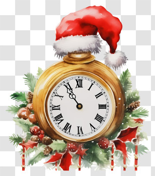 Watercolor Painting - Gold Clock With Santa Hat And Festive Decorations Transparent PNG