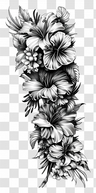 Sleeve Tattoo - Black And White Floral Illustration Design Transparent PNG