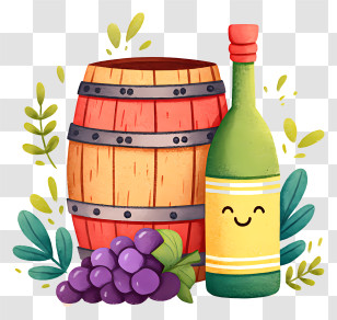 Wine Wooden Barrel - Smiling Wine Barrel With Bottle And Grapes Transparent PNG